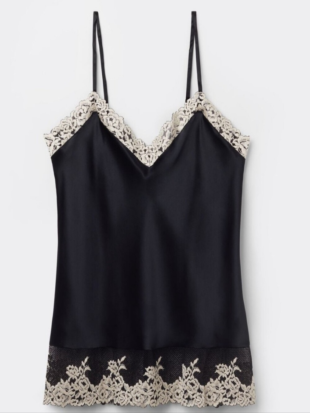 Intimissimi Pretty Flowers Black Lace-Trim Thin Strap V-neck Silk Tank Top Sz S
